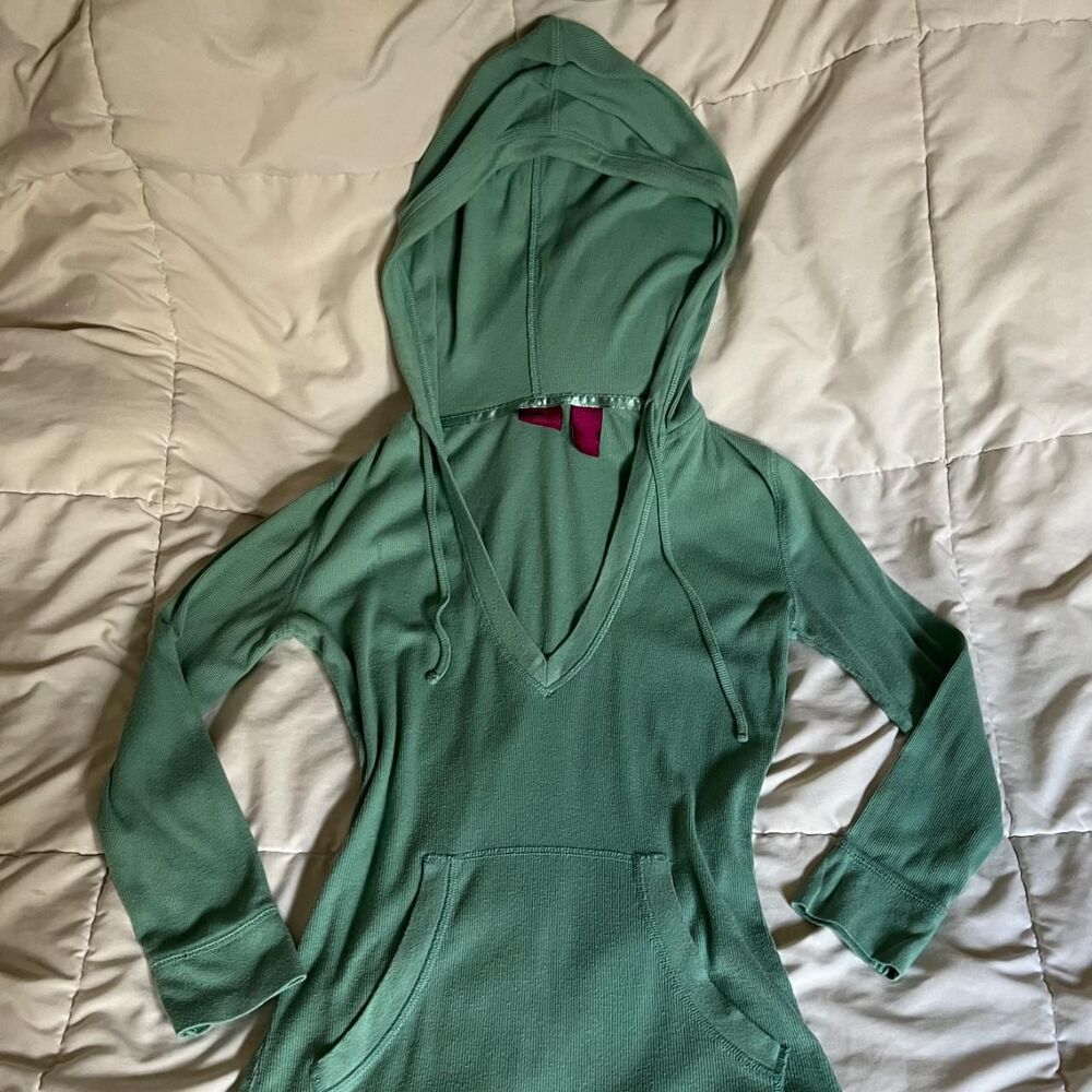 Vintage Y2K Turquoise Henley Hoodie with Pocket from Personal Identity (size S)